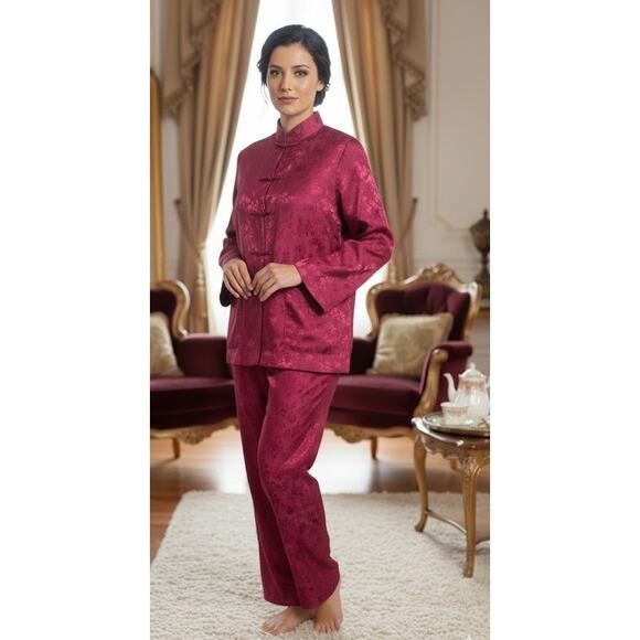 Bloomingdales Asian 3 Peice complete Vtge PJ's with bag Sz M never worn Magenta - Picture 2 of 15